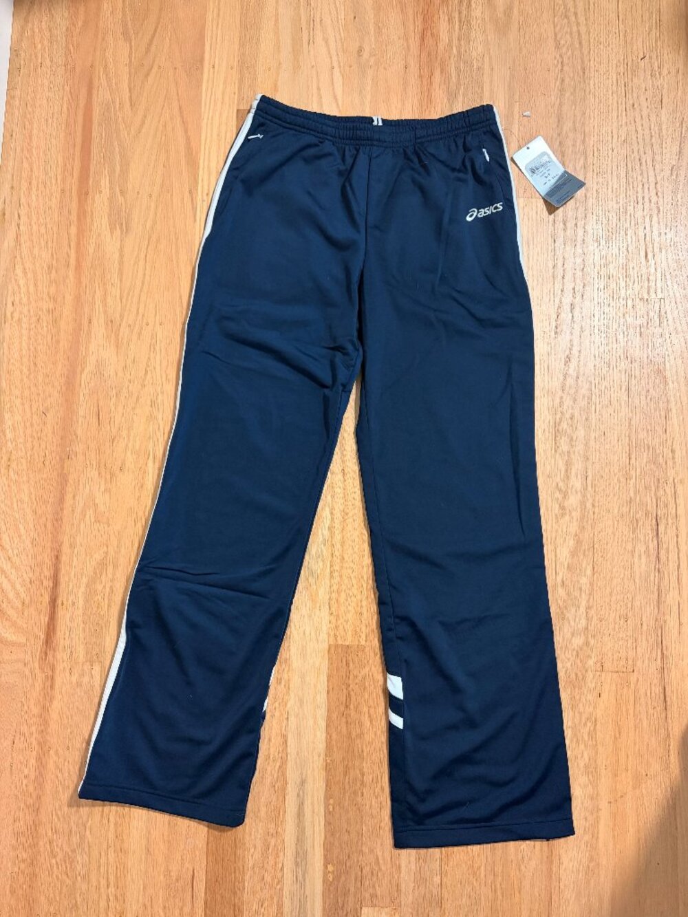 NWT ASICS Navy Blue Track Pants White Stripe Athletic Warm Up Pants S